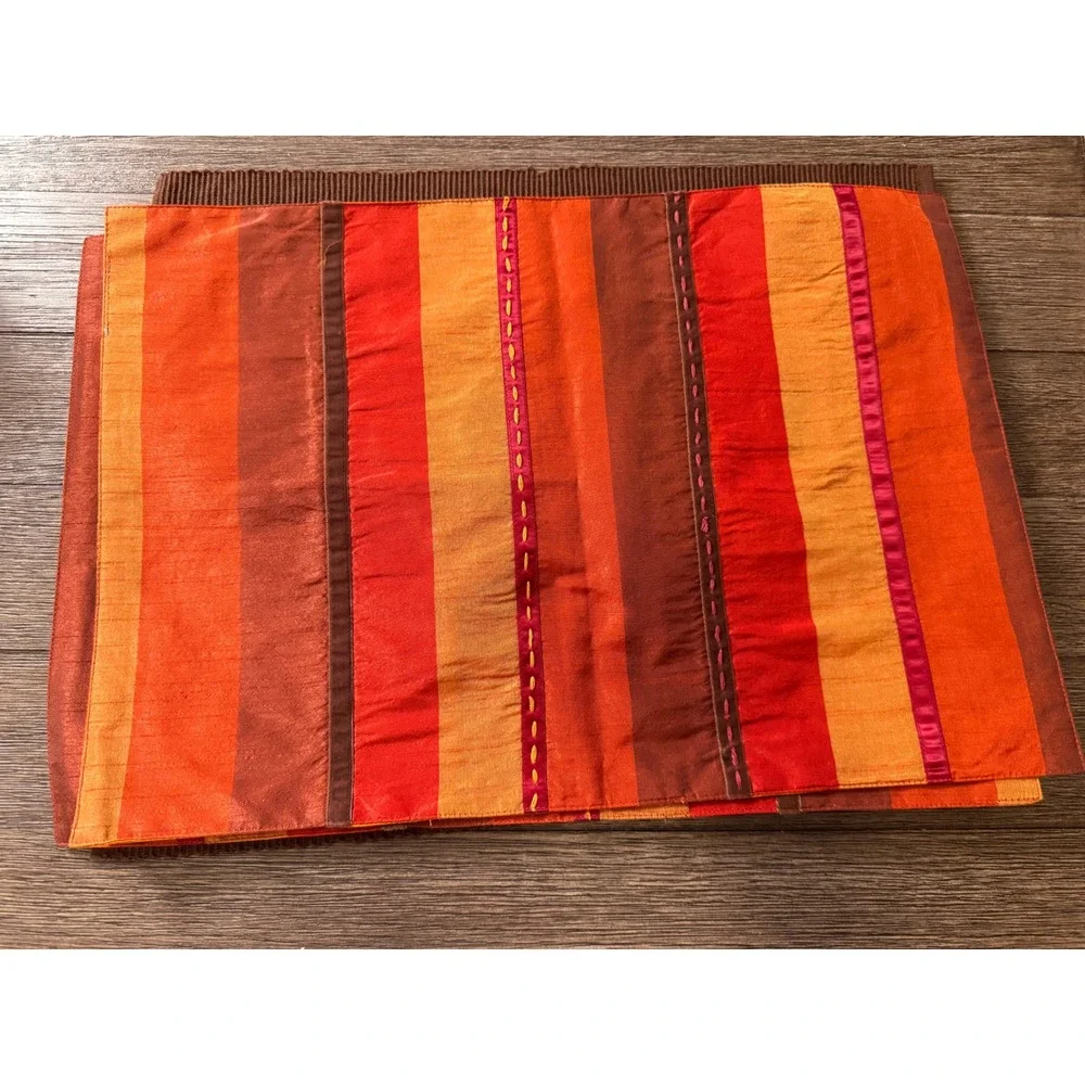 Fall Placemat Set of 2 Orange Red Stripe & Solid Brown‎ Decorative Home Decor